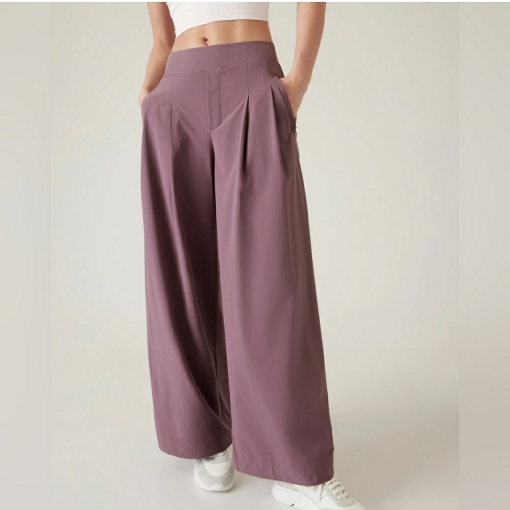 Athleta Dusty Mauve Wide-Leg Pleated Pants